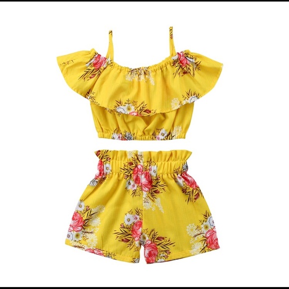 Kids Baby Girl Off The Shoulder Floral Set Outfit - Picture 6 of 7